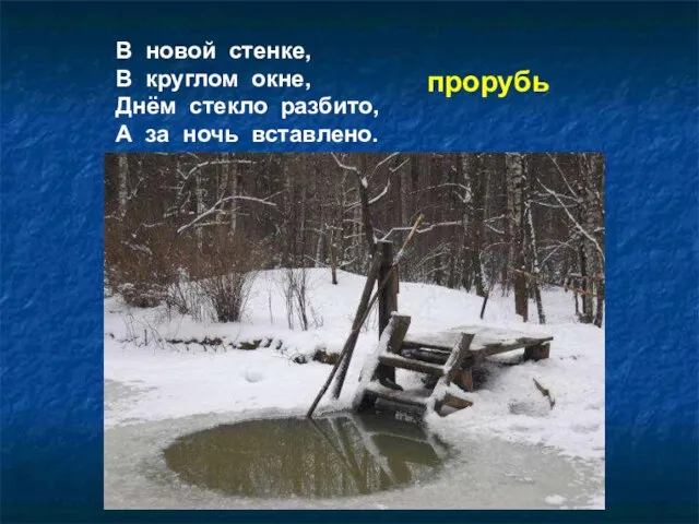 В новой стенке, В круглом окне, Днём стекло разбито, А за ночь вставлено. прорубь