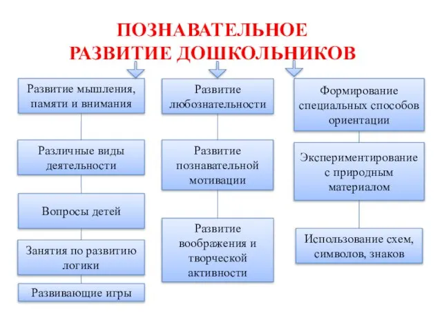 ПОЗНАВАТЕЛЬНОЕ РАЗВИТИЕ ДОШКОЛЬНИКОВ Развитие мышления, памяти и внимания Различные виды деятельности Вопросы