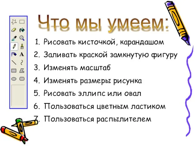 Что мы умеем: Рисовать кисточкой, карандашом Заливать краской замкнутую фигуру Изменять масштаб