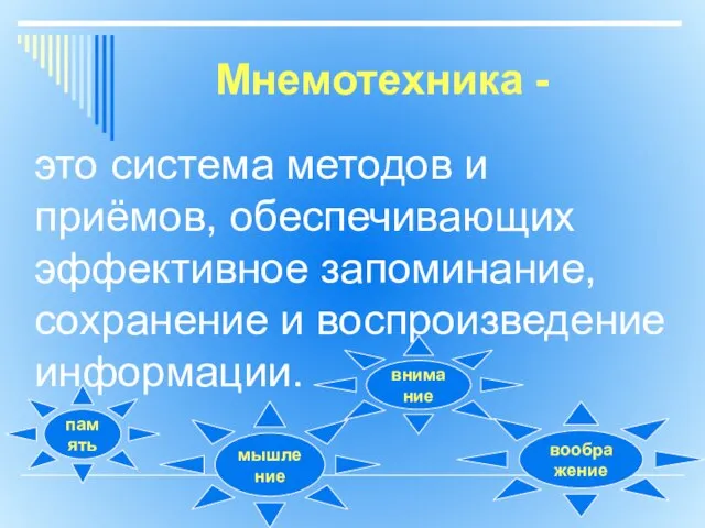 Мнемотехника - это система методов и приёмов, обеспечивающих эффективное запоминание, сохранение и