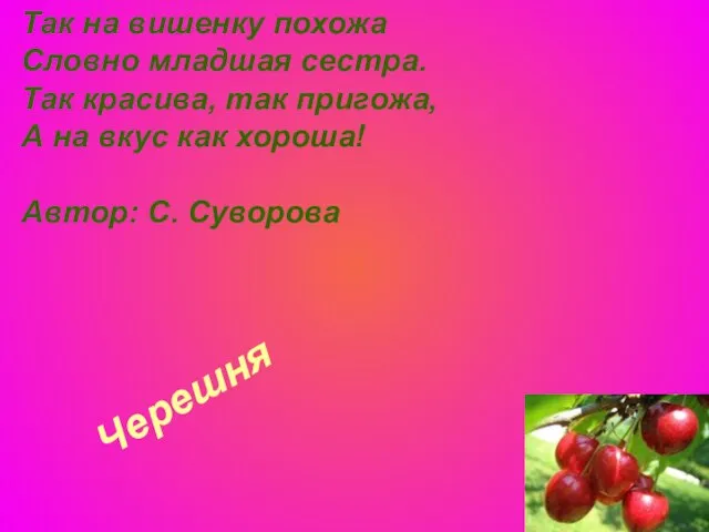 Черешня Так на вишенку похожа Словно младшая сестра. Так красива, так пригожа,