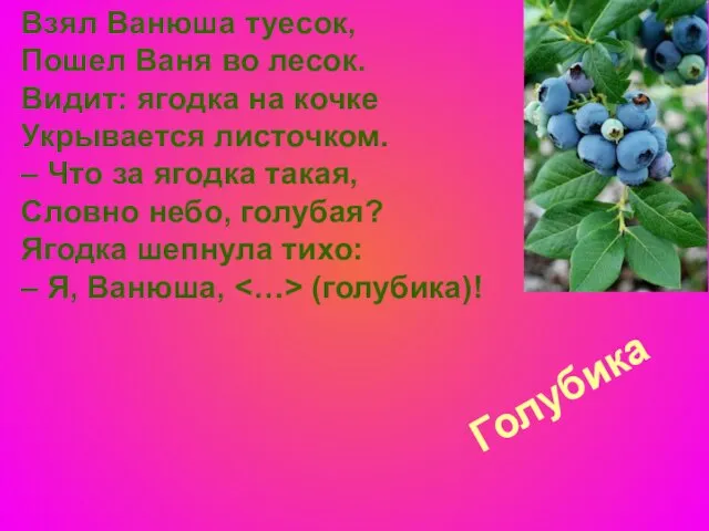 Голубика Взял Ванюша туесок, Пошел Ваня во лесок. Видит: ягодка на кочке