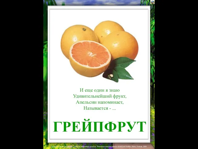 ГРЕЙПФРУТ И еще один я знаю Удивительнейший фрукт, Апельсин напоминает, Называется - ...
