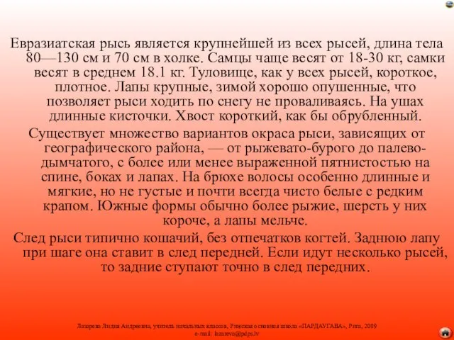 Евразиатская рысь является крупнейшей из всех рысей, длина тела 80—130 см и