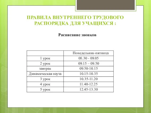 ПРАВИЛА ВНУТРЕННЕГО ТРУДОВОГО РАСПОРЯДКА ДЛЯ УЧАЩИХСЯ : Расписание звонков