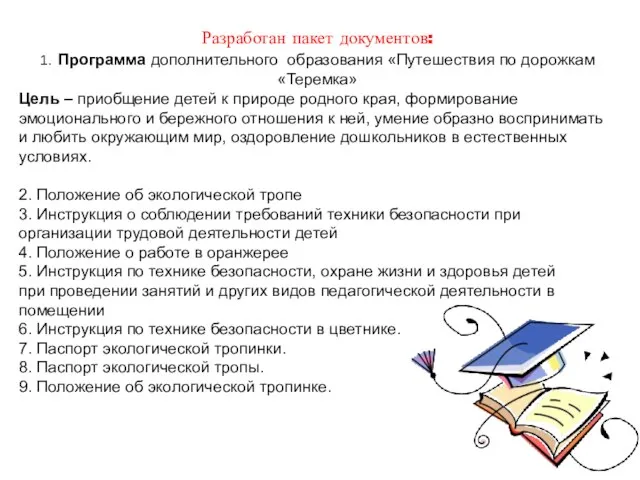 Разработан пакет документов: 1. Программа дополнительного образования «Путешествия по дорожкам «Теремка» Цель