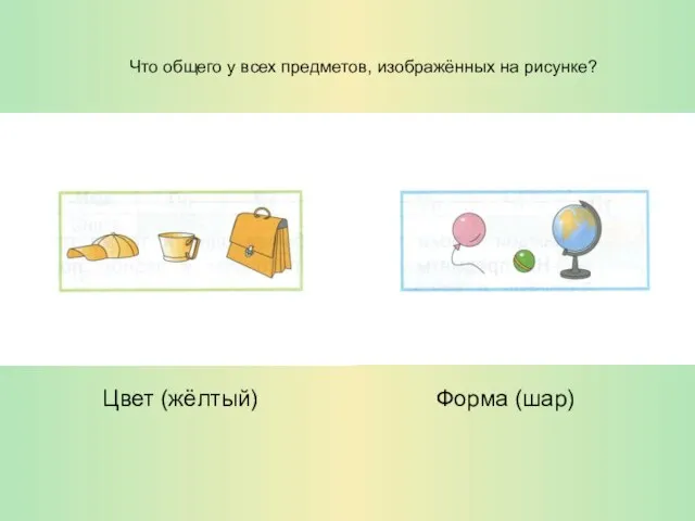 Что общего у всех предметов, изображённых на рисунке? Цвет (жёлтый) Форма (шар)