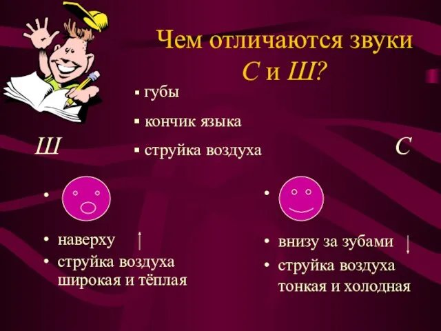 Чем отличаются звуки С и Ш? наверху струйка воздуха широкая и тёплая