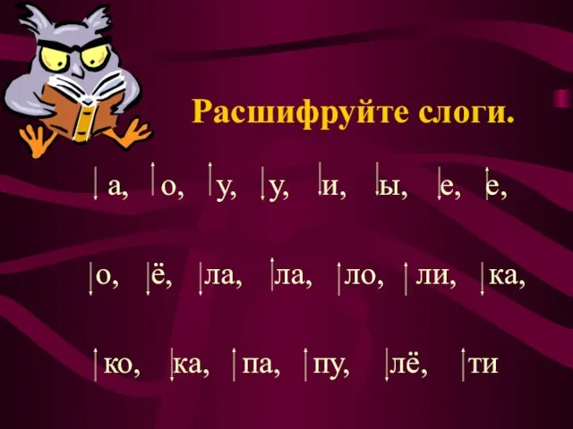 Расшифруйте слоги. а, о, у, у, и, ы, е, е, о, ё,