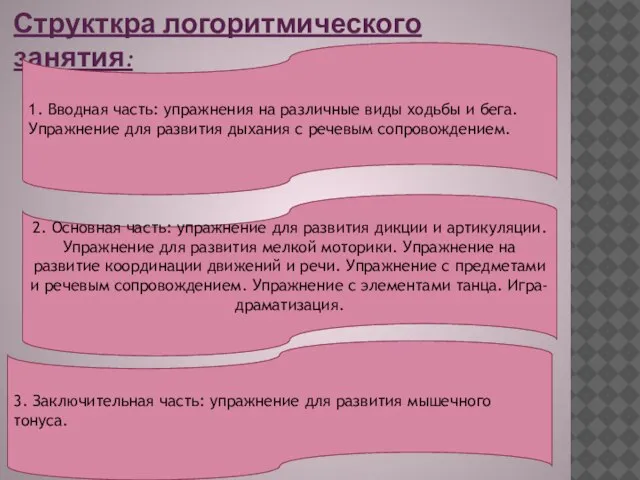 Структкра логоритмического занятия: 1. Вводная часть: упражнения на различные виды ходьбы и