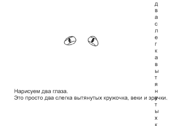 Нарисуем два глаза. Это просто два слегка вытянутых кружочка, веки и зрачки.