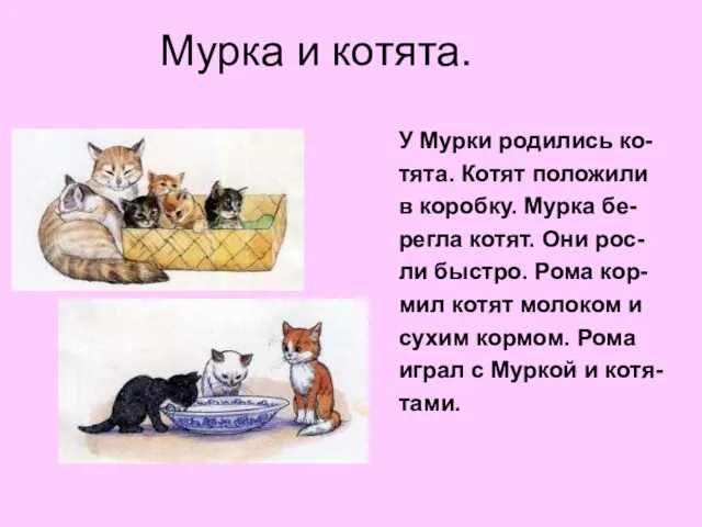 Мурка и котята. У Мурки родились ко- тята. Котят положили в коробку.