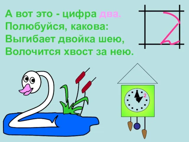 А вот это - цифра два. Полюбуйся, какова: Выгибает двойка шею, Волочится хвост за нею. 2