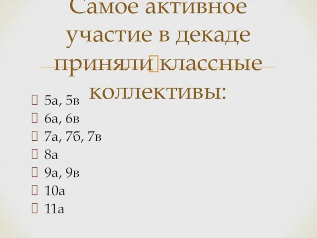 5а, 5в 6а, 6в 7а, 7б, 7в 8а 9а, 9в 10а 11а