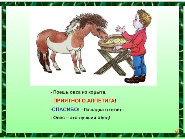 Поешь овса из корыта, ПРИЯТНОГО АППЕТИТА! СПАСИБО! –Лошадка в ответ.- Овёс – это лучший обед!