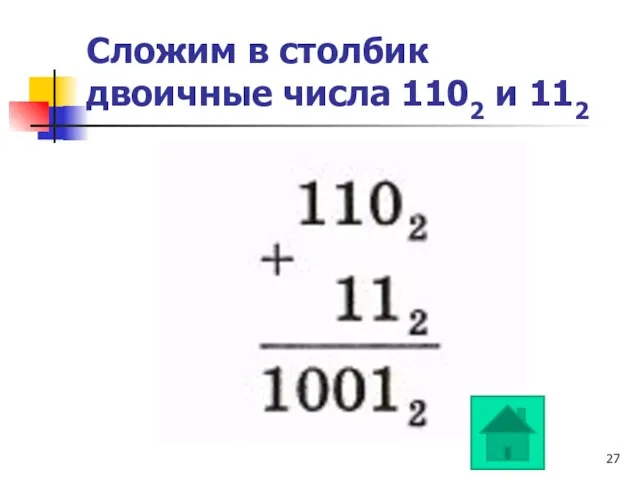 Сложим в столбик двоичные числа 1102 и 112