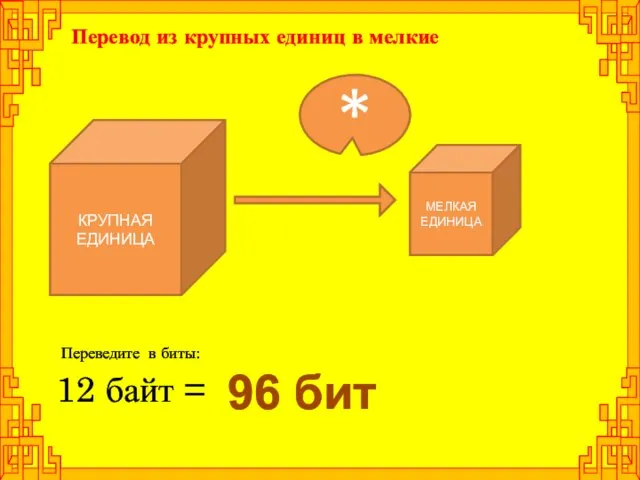 КРУПНАЯ ЕДИНИЦА Перевод из крупных единиц в мелкие 12 байт = МЕЛКАЯ