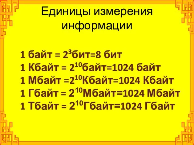 1 байт = 23бит=8 бит 1 Кбайт = 210байт=1024 байт 1 Мбайт