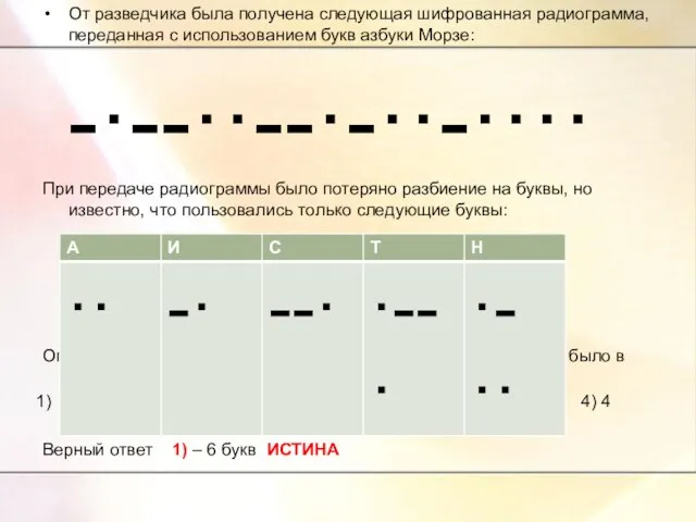 От разведчика была получена следующая шифрованная радиограмма, переданная с использованием букв азбуки