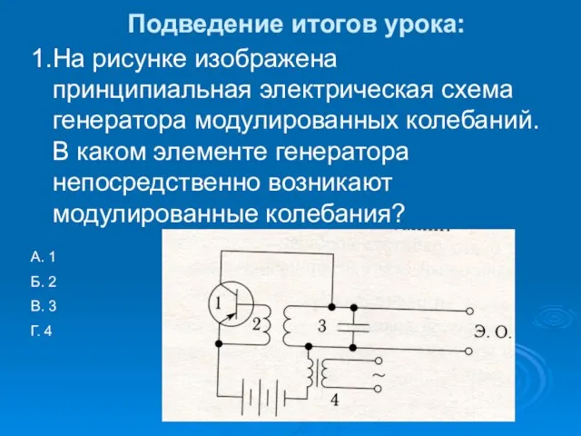 Подведение итогов урока: 1.На рисунке изображена принципиальная электрическая схема генератора модулированных колебаний.