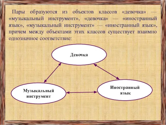 Пары образуются из объектов классов «девочка» — «музыкальный инструмент», «девочка» — «иностранный