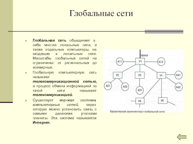 Глобальные сети Глобальная сеть объединяет в себе многие локальные сети, а также