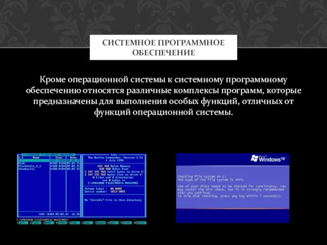 Кроме операционной системы к системному программному обеспечению относятся различные комплексы программ, которые