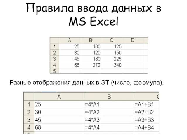 Правила ввода данных в MS Exсel Разные отображения данных в ЭТ (число, формула).