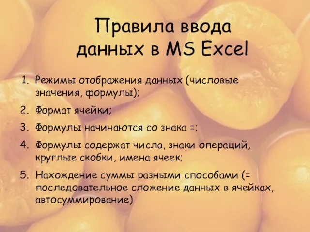 Правила ввода данных в MS Exсel Правила ввода данных в MS Exсel