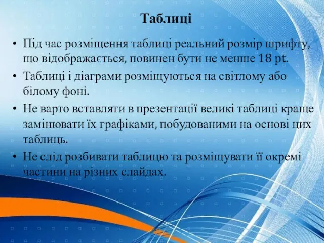 Таблиці Під час розміщення таблиці реальний розмір шрифту, що відображається, повинен бути