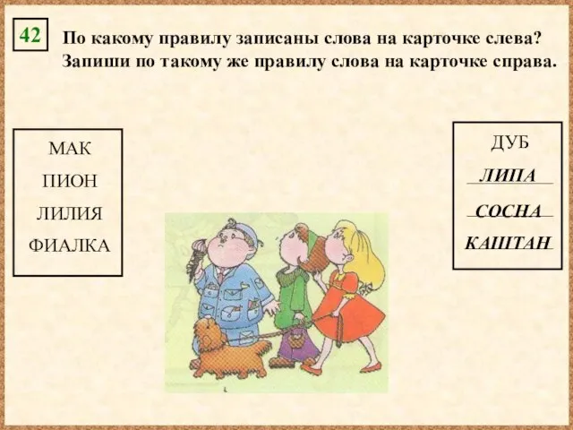 42 По какому правилу записаны слова на карточке слева? Запиши по такому