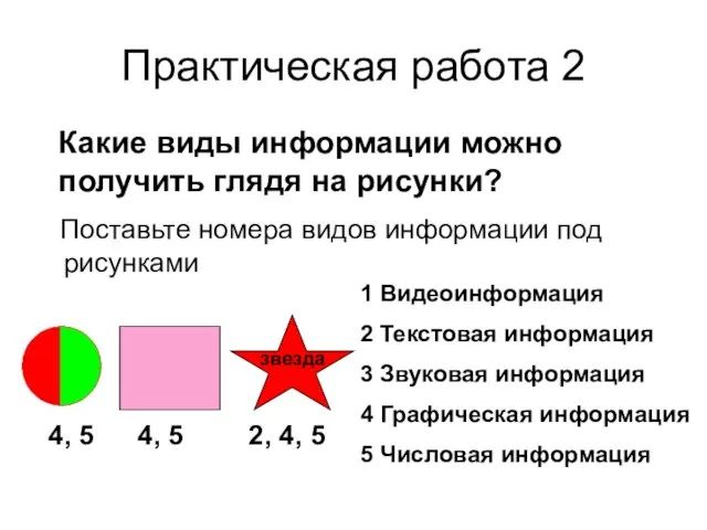 Практическая работа 2 Какие виды информации можно получить глядя на рисунки? Поставьте