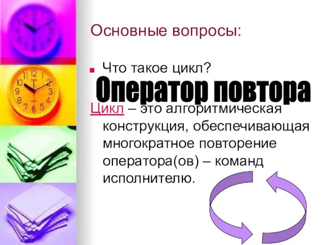 Основные вопросы: Что такое цикл? Цикл – это алгоритмическая конструкция, обеспечивающая многократное