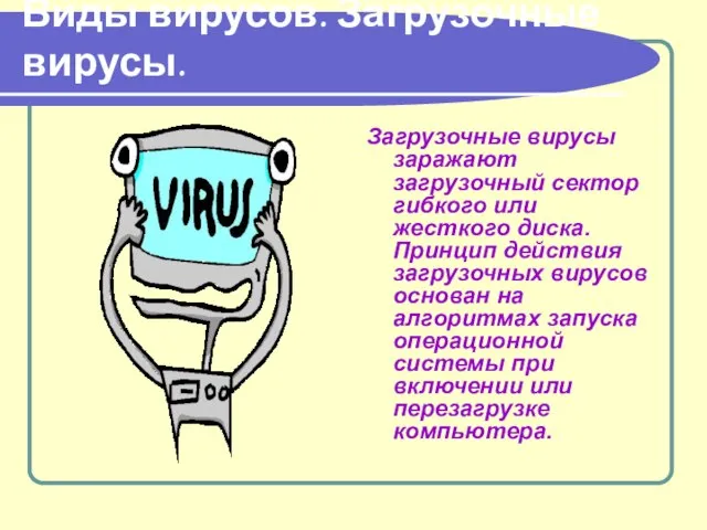 Виды вирусов. Загрузочные вирусы. Загрузочные вирусы заражают загрузочный сектор гибкого или жесткого