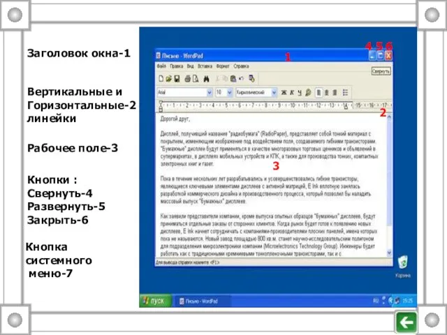 Рабочее поле-3 Вертикальные и Горизонтальные-2 линейки Заголовок окна-1 Кнопка системного меню-7 Кнопки