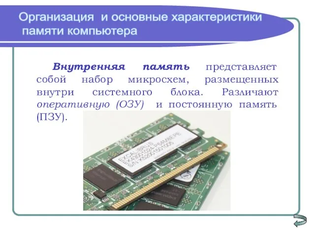 Внутренняя память представляет собой набор микросхем, размещенных внутри системного блока. Различают оперативную