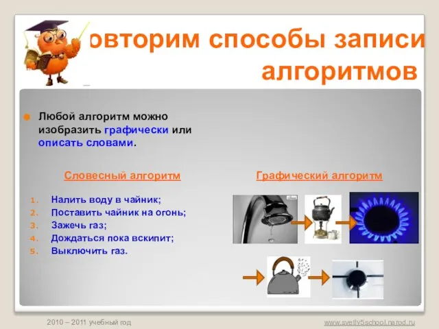 Повторим способы записи алгоритмов Любой алгоритм можно изобразить графически или описать словами.