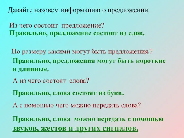 Давайте назовем информацию о предложении. Правильно, предложения могут быть короткие и длинные.