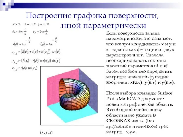 Построение графика поверхности, заданной параметрически Если поверхность задана параметрически, это означает, что