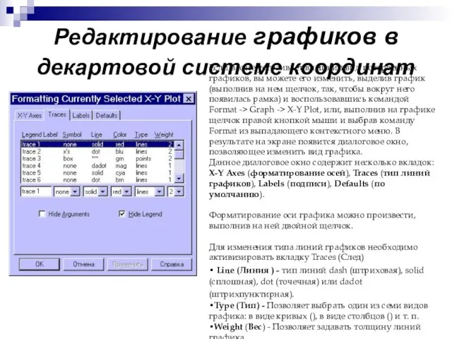 Редактирование графиков в декартовой системе координат Если вас не устраивает внешний вид