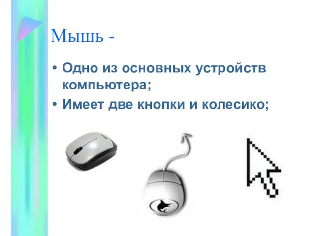 Мышь - Одно из основных устройств компьютера; Имеет две кнопки и колесико;