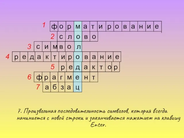 7. Произвольная последовательность символов, которая всегда начинается с новой строки и заканчивается