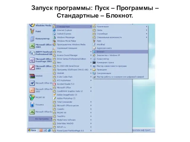 Запуск программы: Пуск – Программы – Стандартные – Блокнот.