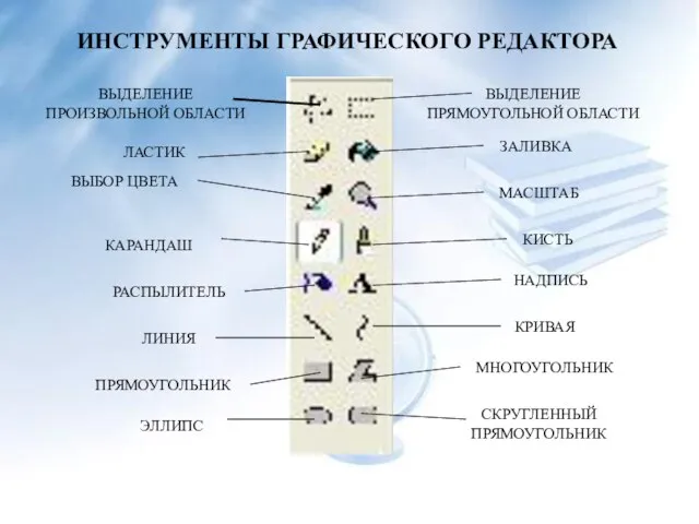 ИНСТРУМЕНТЫ ГРАФИЧЕСКОГО РЕДАКТОРА ВЫДЕЛЕНИЕ ПРОИЗВОЛЬНОЙ ОБЛАСТИ ЛАСТИК ВЫБОР ЦВЕТА КАРАНДАШ РАСПЫЛИТЕЛЬ ЛИНИЯ