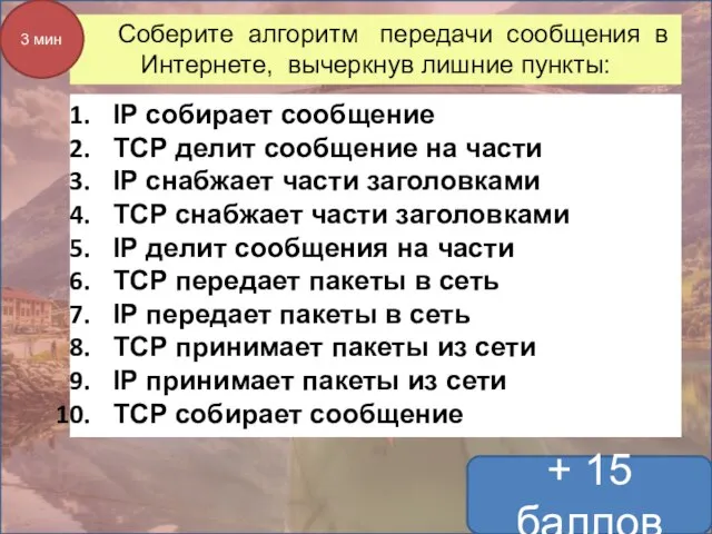 Соберите алгоритм передачи сообщения в Интернете, вычеркнув лишние пункты: IP собирает сообщение