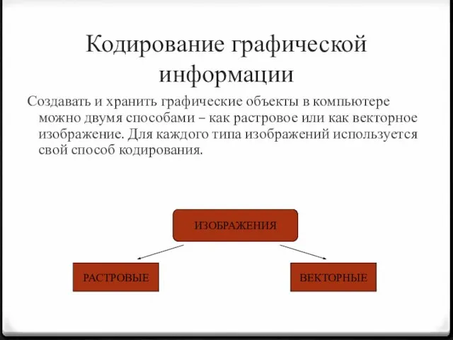 Кодирование графической информации Создавать и хранить графические объекты в компьютере можно двумя