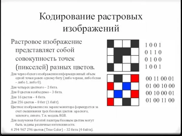 Кодирование растровых изображений Растровое изображение представляет собой совокупность точек (пикселей) разных цветов.