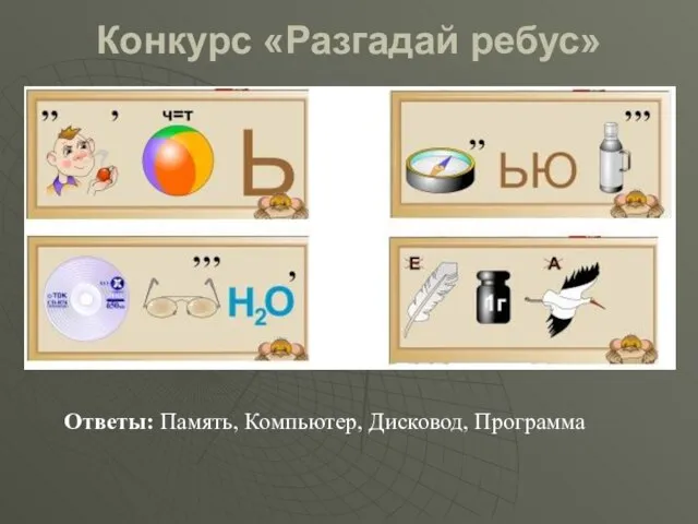 Конкурс «Разгадай ребус» Ответы: Память, Компьютер, Дисковод, Программа