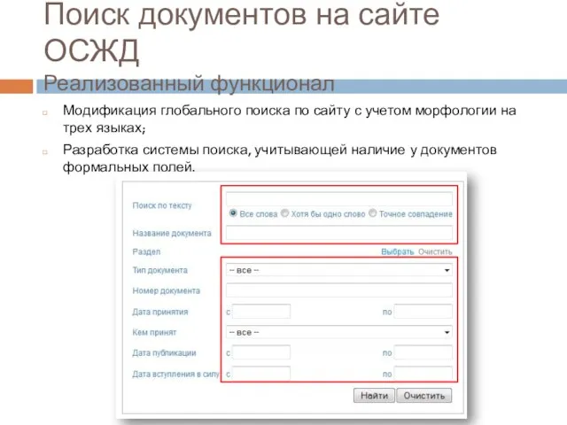 Поиск документов на сайте ОСЖД Реализованный функционал Модификация глобального поиска по сайту