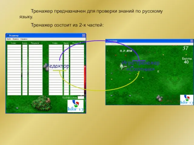 Тренажер предназначен для проверки знаний по русскому языку. Тренажер состоит из 2-х частей: